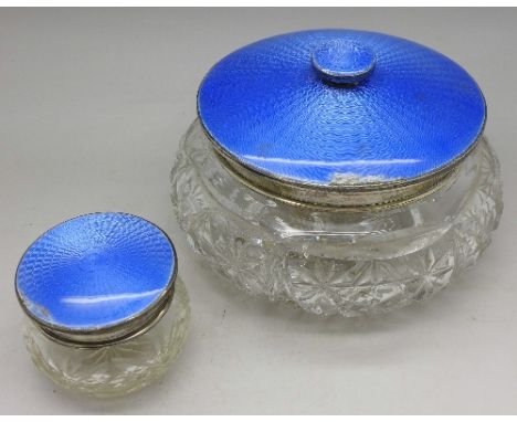 Two silver and enamel topped glass jars, enamel a/f
