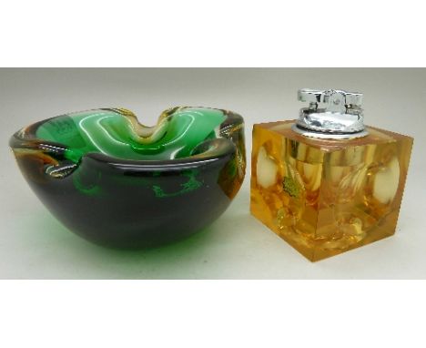 A JJJ amber cut glass table lighter, marked Japanese with box, and a Murano glass ashtray