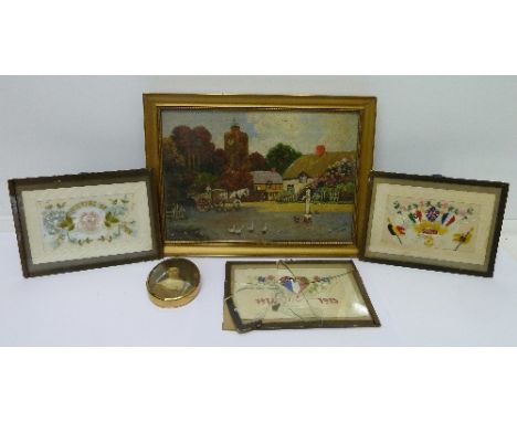 A framed oil on canvas, village scene, dated 1942, three framed World War I needlework postcards and a portrait print