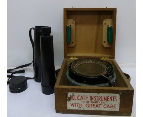 A type P4A Lancaster compass in a fitted wooden box and a Russian 20x50 telescope