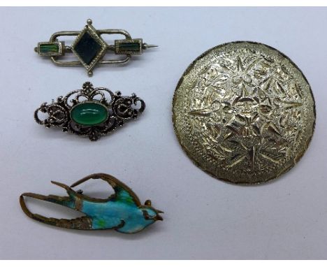 An enamel bird brooch, a/f and three other brooches