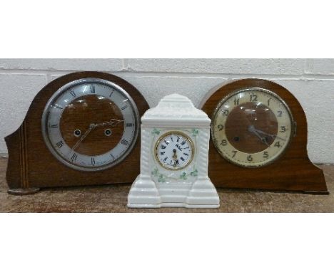 Two wooden mantel clocks and a Belleek mantel clock
