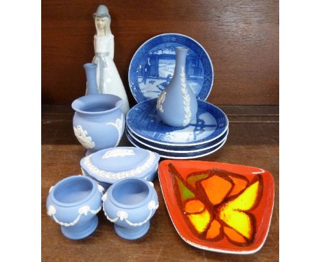 Four Royal Copenhagen Christmas plates, 1968, 1969, 1970 and 1971, a Poole Delphis dish, Wedgwood Jasperware and a figure of 