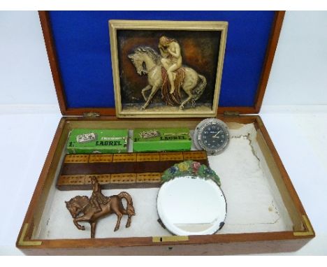 A Stadium Car clock with 8-day movement, two boxes of Laurel razor blades, a cribbage board and a plaque in a mahogany box