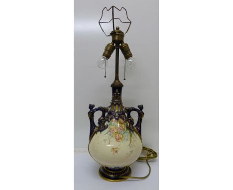 A Royal Worcester twin handled vase converted to a lamp base, height 59cm