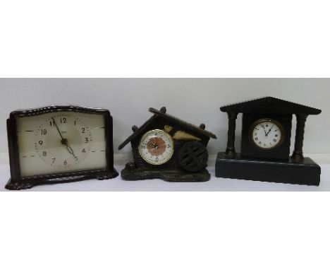 Three mantel clocks including a Smiths 30 hour Bakelite clock
