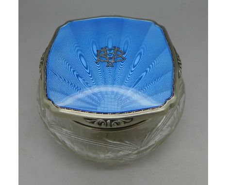 A silver and enamel topped powder bowl, with initials