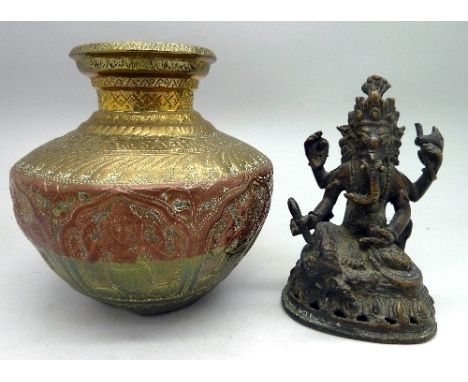 A bronze model of Ganesh, height 10cm, and a brass vase