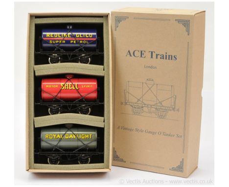 ACE O Gauge modern issue G/13 Tanker Set No.5 with Redline Glico, Shell Motor Spirit, grey Royal Daylight.  Near Mint to Mint