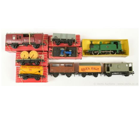 Hornby Dublo 2-rail Loco and Goods Wagons comprising 0-6-0 BR green R1 Class Tank No.31340, front coupling broke, fading to c