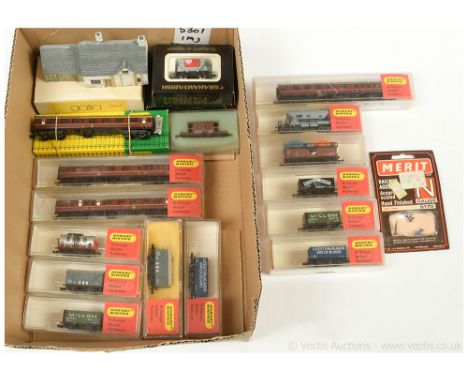 N Gauge Rolling Stock and Accessories comprising Hornby Minitrix 3 x N308 BR maroon Mk.1 Brake Composite Coach, Goods Wagons 