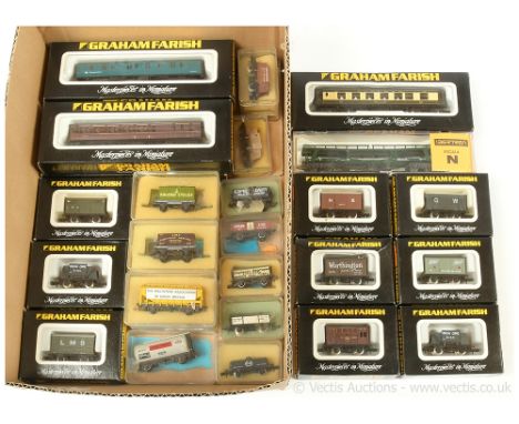 N Gauge Passenger and Goods Rolling Stock comprising Graham Farish 0646 brown and cream Pullman Car, 0614 BR maroon Suburban 