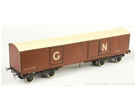 Scratch and Commercially built Gauge 1 Great Northern Railway Bogie Box Van in brown with GN lettering in white to van sides 