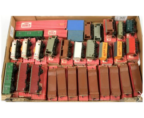 Hornby Dublo 2-rail Superdetail Goods Wagons comprising 4323 SR Utility Van, 2 x 4305 maroon Fruit Van, 9 x 4652 Machine Lowm