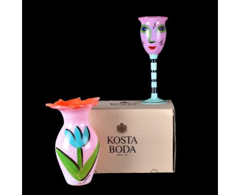 Two (2) Kosta Boda Art Glass Tableware by Ulrica Hydman Vallien. Signed and Kosta Boda sticker label attached to surface. Inc