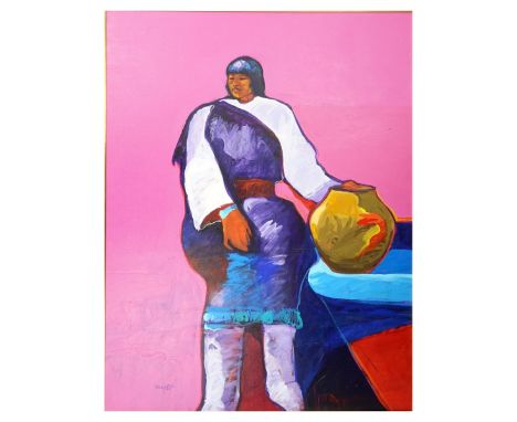 John Nieto, American (1936-2018) Oil on canvas "Cochiti Pueblo Woman". Signed lower left, inscribed verso. Measures 50" x 40"