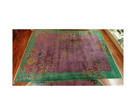 Large Chinese Art Deco Rug. Numbered 620807-70. floral bouquet motif. Measures 9' x 12'. Condition: Light soiling, needs clea