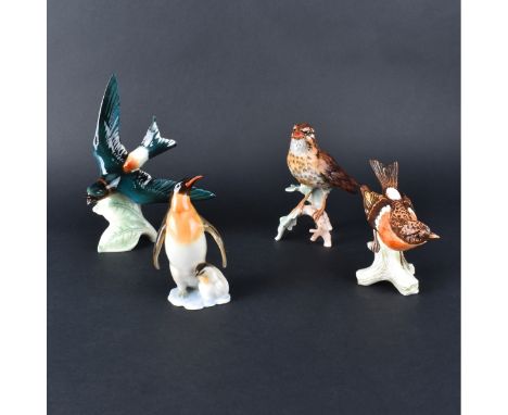 Collection of Four (4) Vintage Glazed Porcelain Animal Figurines. Includes: 3 Goebel birds and a Hutschenreuther penguin grou