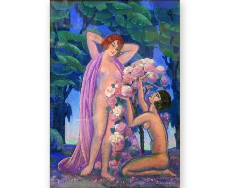 1980's Art Deco Style Pastel on Paper "Figures In The Garden". Signed Andrea? lower right. Measures 25-1/2" x 19-1/2", frame 