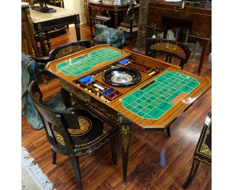 Vintage Italian Game Table and Chairs. With faux inlaid design under clear lacquer finish. Includes: reversible table top (de