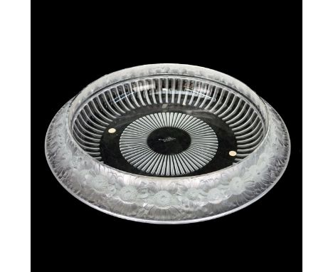 Lalique Marguerite Crystal Centerpiece Bowl. Signed. Measures 2-1/2" H x 13-1/4" Dia. Condition: Light scuffs on interior of 