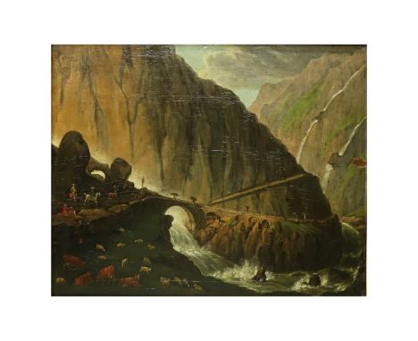 19th Century Old Master Style Oil on Board "Devil's Bridge, Switzerland" Unsigned. Tag with title attached to frame. Measures