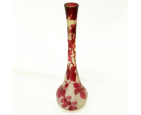 Galle Art Nouveau Cameo Glass Long Neck Vase. Signed Galle. Measures 12-3/8" H. Condition: Good condition Estimate: $500.00 -