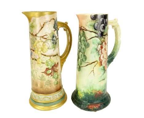 Grouping of Two (2) Large Antique Hand Painted Pitchers. Makers: Limoges and Balleek. Each is signed to base, Limoges pitcher
