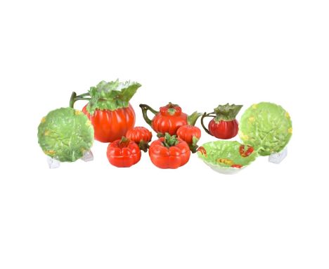 Ten (10) Piece Royal Bayruth Tomato Shape Porcelain Table Set. Includes: pitcher 6-1/4" H x 8-3/4" W, creamer 4-3/8" H x 7-3/