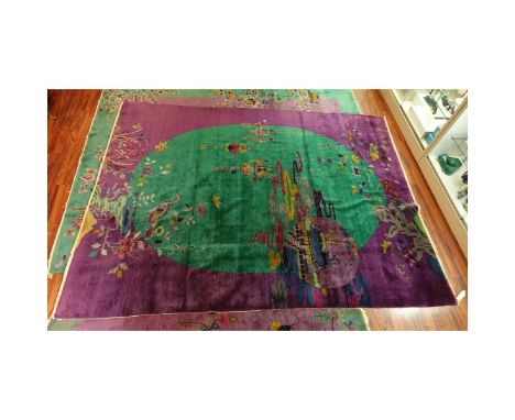 Large Chinese Art Deco Rug. Numbered 53657. Flowers, birds, palace, and bouquet motif. Measures 9' x 12'. Condition: Soiling 