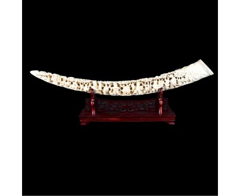 Impressive Chinese Reticulated Carved Ivory Tusk on Wooden Stand. Signed. Measures 26" L. Good Condition. We Will Not Ship Th