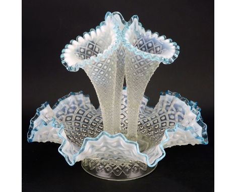 Vintage Fenton Style Blue Opalescent Art Glass Epergne. Measures 11-1/2" H x 13" W. Condition: Good condition Estimate: $50.0