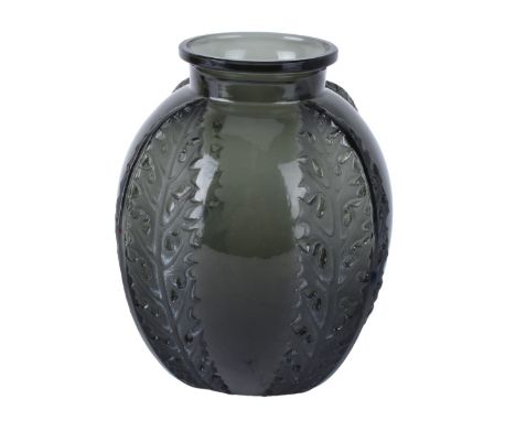 Rene Lalique Black Molded Crystal Vase. Signed "R. Lalique France" to base. Measures 7-1/2" H x 5-5/8" W. Condition: Light sc