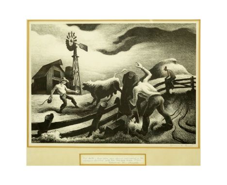 Thomas Hart Benton, American (1889-1975) Lithograph "Photographing The Bull". Signed in pencil lower right, Inscribed in ink.