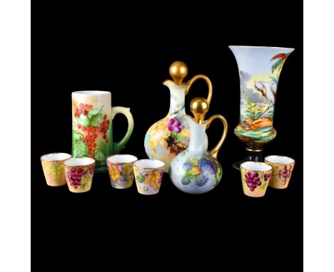 Grouping of Ten (10) Vintage Porcelain Tableware. Includes: 2 Limoges decanters, large trumpet vase, tankard with lithophane 