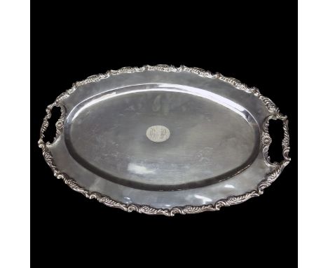 Large 900 Silver Two Handle Tray. Stamped 900 to base, monogrammed B.P. center. Measures 18-3/8" L. Weighs approx. 22.27 ounc