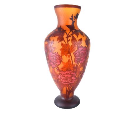 Large Modern Galle Art Nouveau Cameo Glass Vase. Signed. Measures 24-1/2" H. Condition: Good condition Estimate: $1000.00 - $