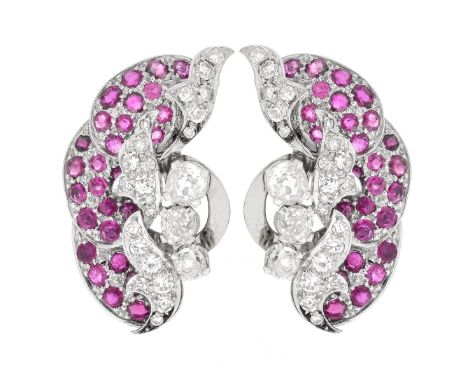 Antique Approx. 2.25 Carat TW Old European Cut Diamond, Burma Ruby and Platinum High Ear Clips. Diamonds G-H color, VS1-VS2 c