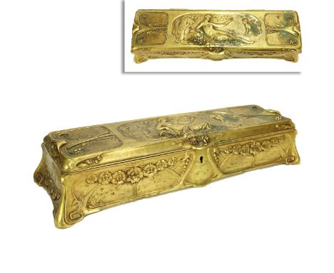 Antique French Art Nouveau Gilt Metal Hinged Box. Signed to base. Key included. Raised figural and flowers relief. Measures 3