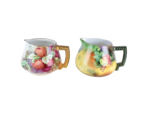 Two (2) Antique Porcelain Lemonade Pitchers. Makers: Limoges and Bavaria inscribed A.E. Pierce 1904, Limoges pitcher has a fa