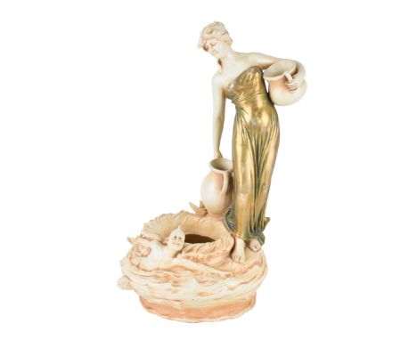 Theodore Schoop for Bernard Bloch Art Nouveau, Lady at the Well Polychrome Pottery Figure. Artist signed, impressed "BB" and 