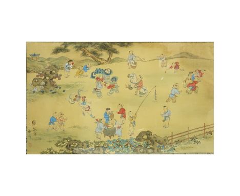 Chinese Scroll Painting,100 Children, Stamped Signed Lower Left. Measures 24-5/8 x 36-5/8" W. Condition: Toning, slight creas