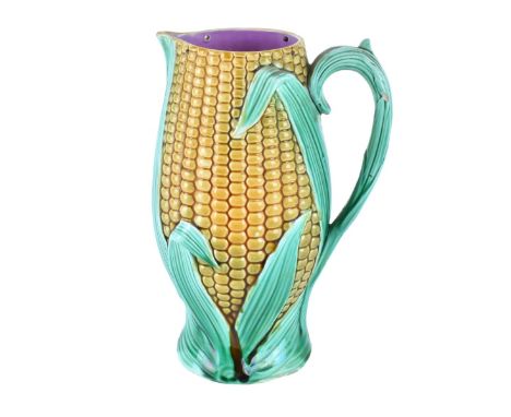 Antique Majolica Glazed Pottery Corn Pitcher. Staffordshire, England circa 1870 - 1880 mark to base. Measures 9-3/8" H. Condi