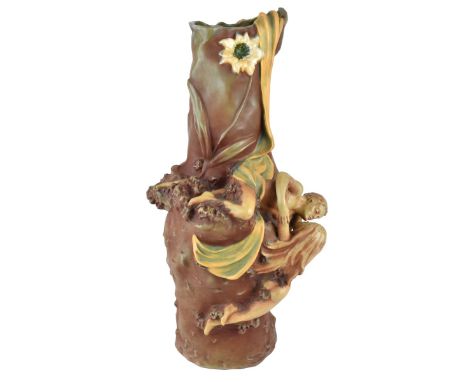 Bernard Bloch Art Nouveau Lovers Figural Pottery Vase. Artist signed lower, impressed with "BB" and numbered 3751 to base Mea