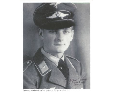 WW2 Luftwaffe ace Gottfried P Dulias signed 10 x 8 inch b/w portrait photo with biography page. Good Condition. All autograph