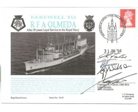 Captain J. R. J. Carew OBE RFA, Captain J. C. Foster, Captain G. D. Wilson, Captain B. A. Seymour signed Farewell to RFA Olme