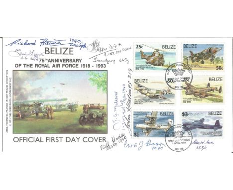 Belize set of Belize 75th Anniv RAF Stamps Signed 8 Battle of Britain pilots, Crew. +1. 1 April 1993 Belize First Day of Issu