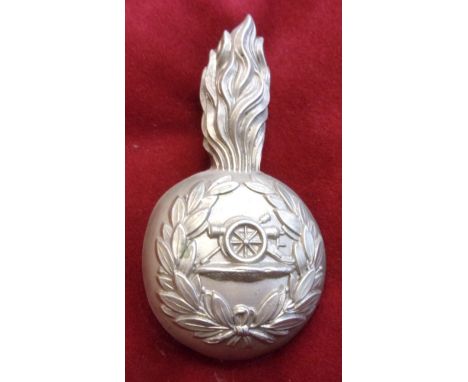 The Royal Regiment of Artillery Volunteers Busby Grenade Badge, general pattern (White-metal) slider with plume holding devic