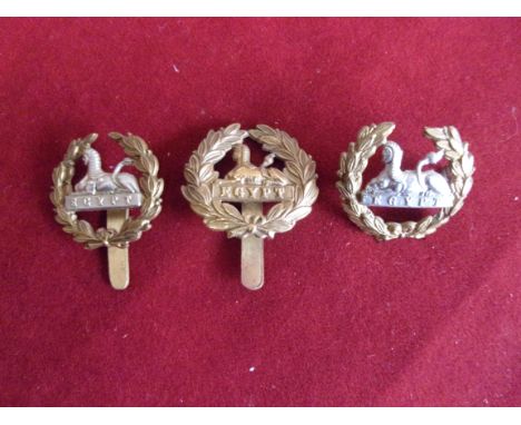 The Gloucestershire Regiment Blue Cloth Helmet large Back Badges, three types (Bi-metal and gilding-metal), Sliders and lugs,