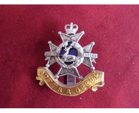 The Sherwood Foresters (Nottinghamshire and Derbyshire Regiment) Officers EIIR Cap Badge (Silver-plate, gilt and enamel), two